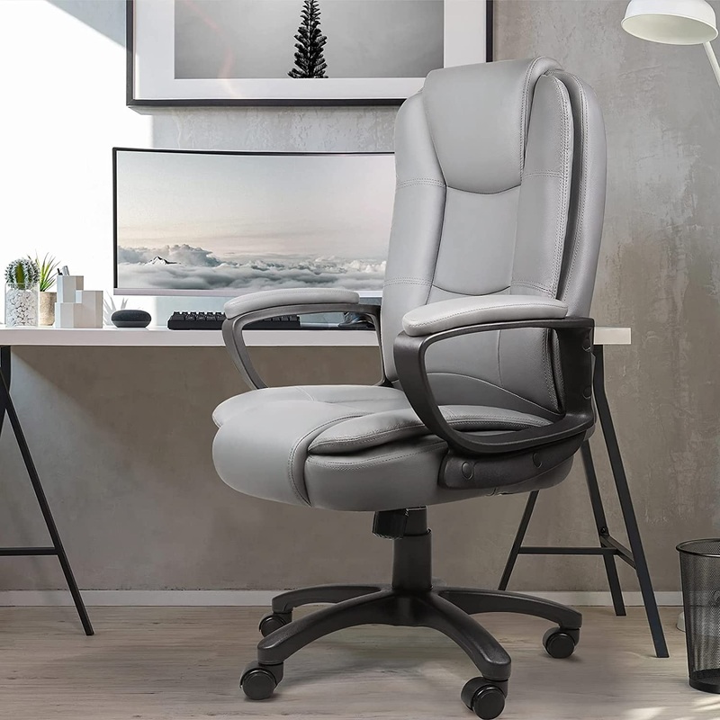 Light Gray Leather Executive Chair with Lumbar Support By Homeroots