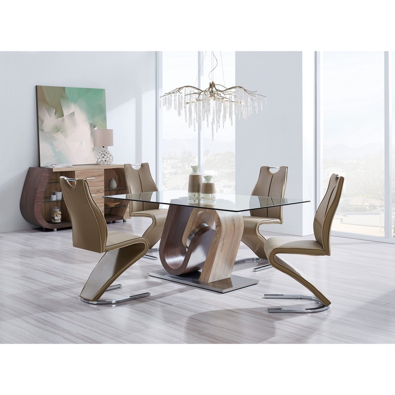 Oak And Walnut Two Toned Geometrical Base With Glass Top Dining Table By Homeroots