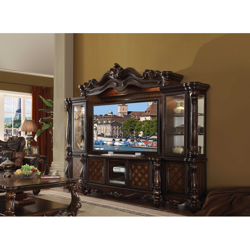 Cherry Oak Wood Poly Resin Glass Entertainment Center By Homeroots - 348657