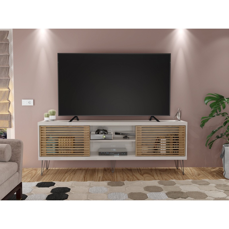 Farmhouse TV Stand With Metal Legs And Wood-Slat Sliding Doors 70 inch tv By Homeroots