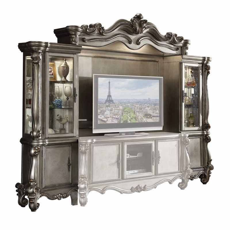 Antique Platinum Wood Poly Resin Glass Entertainment Center By Homeroots