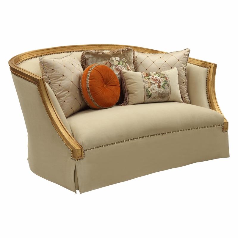 Fabric Antique Gold Upholstery Wood LegTrim Loveseat w Pillows By Homeroots