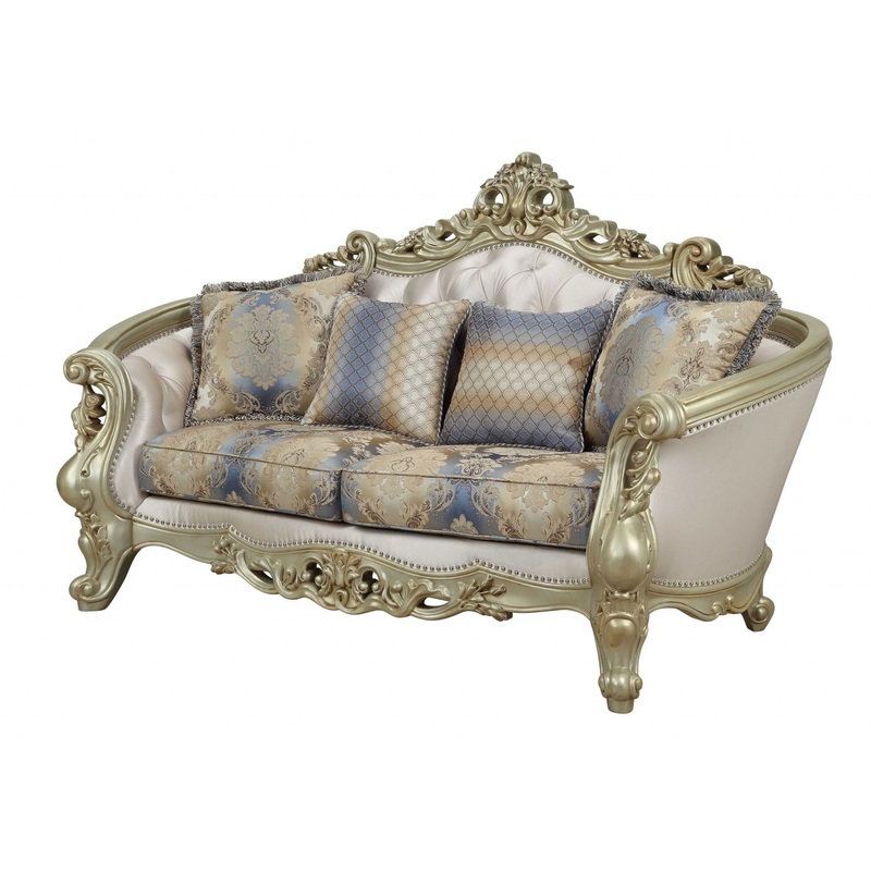 Fabric Antique White Upholstery Poly-Resin Loveseat w Pillows By Homeroots