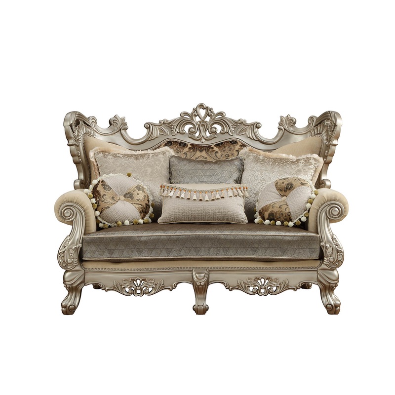 Fabric & Champagne Upholstery Wood LegTrim Loveseat w Pillows By Homeroots