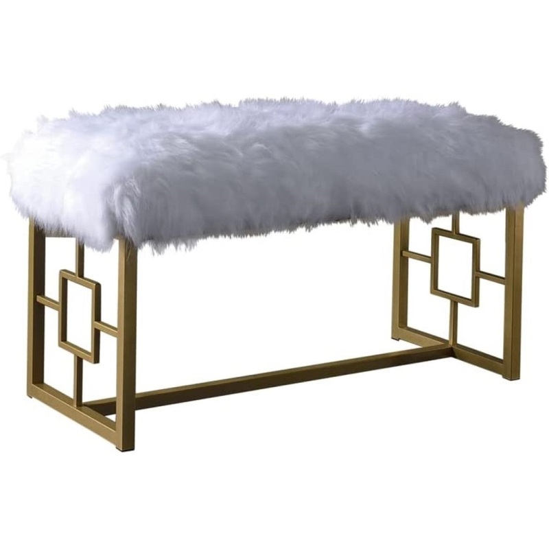 White FauFur Gold Metal Upholstered Bench By Homeroots