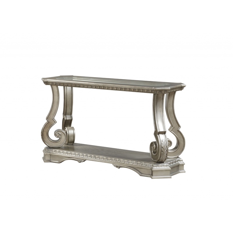 Antique Champagne Clear Glass Wood Poly-Resin Sofa Table By Homeroots