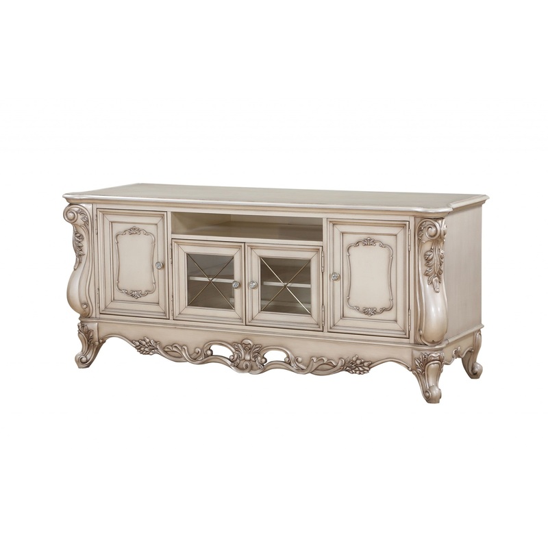Antique White Wood Glass Poly-Resin TV Stand By Homeroots