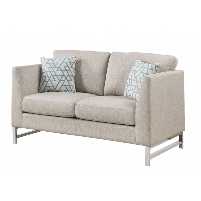 Beige Linen Upholstery Metal Leg Loveseat w Pillows By Homeroots