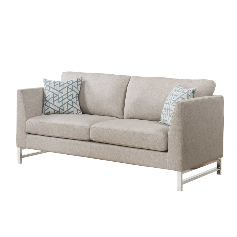 Beige Linen Upholstery Metal Leg Sofa w Pillows By Homeroots