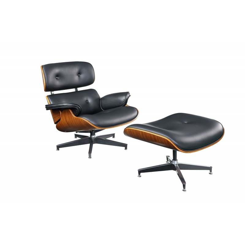 Black Bonded Leather Walnut Wood Upholstered (Seat) Aluminum Base Chair & Ottoman By Homeroots - 347296