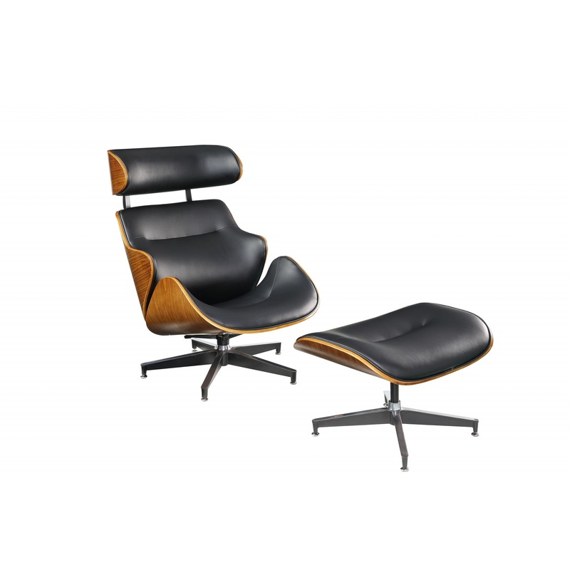 Black Bonded Leather Walnut Wood Upholstered (Seat) Aluminum Base Chair & Ottoman By Homeroots - 347297