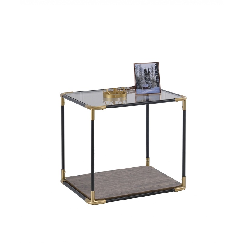 BlackGold Smoky Glass Metal Wood Veneer (Paper) End Table By Homeroots
