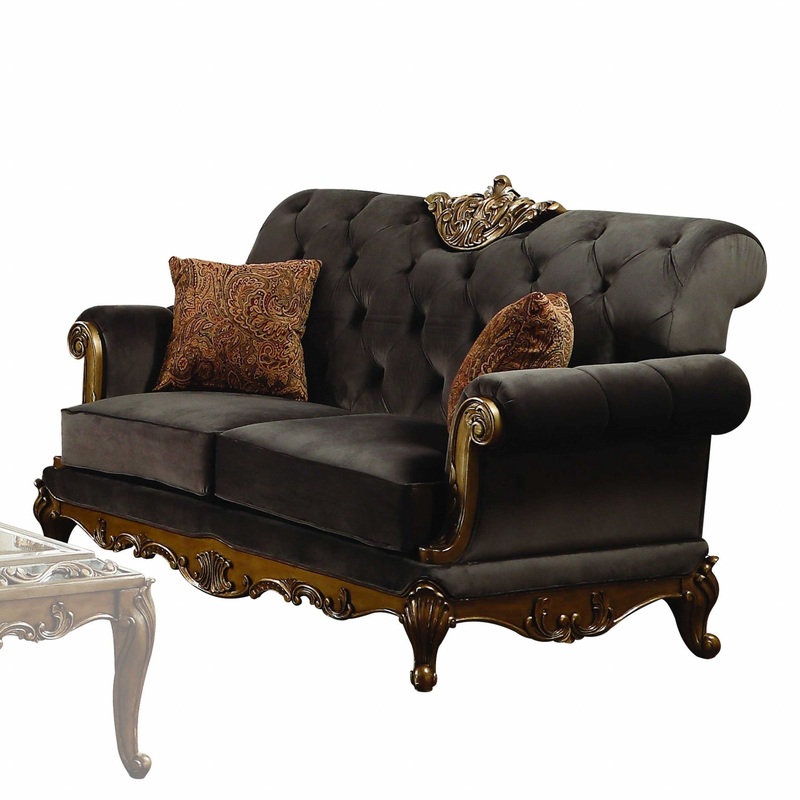 Charcoal Fabric Antique Gold Upholstery Wood LegBase Loveseat w Pillows By Homeroots