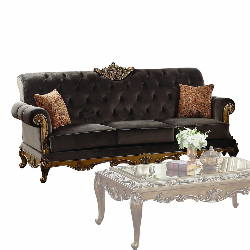 Charcoal Fabric Antique Gold Upholstery Wood LegBase Sofa w Pillows By Homeroots