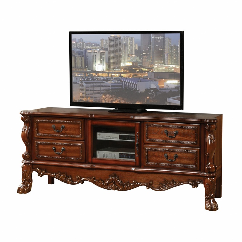 Cherry Oak Wood Poly Resin Glass TV Console By Homeroots - 347488