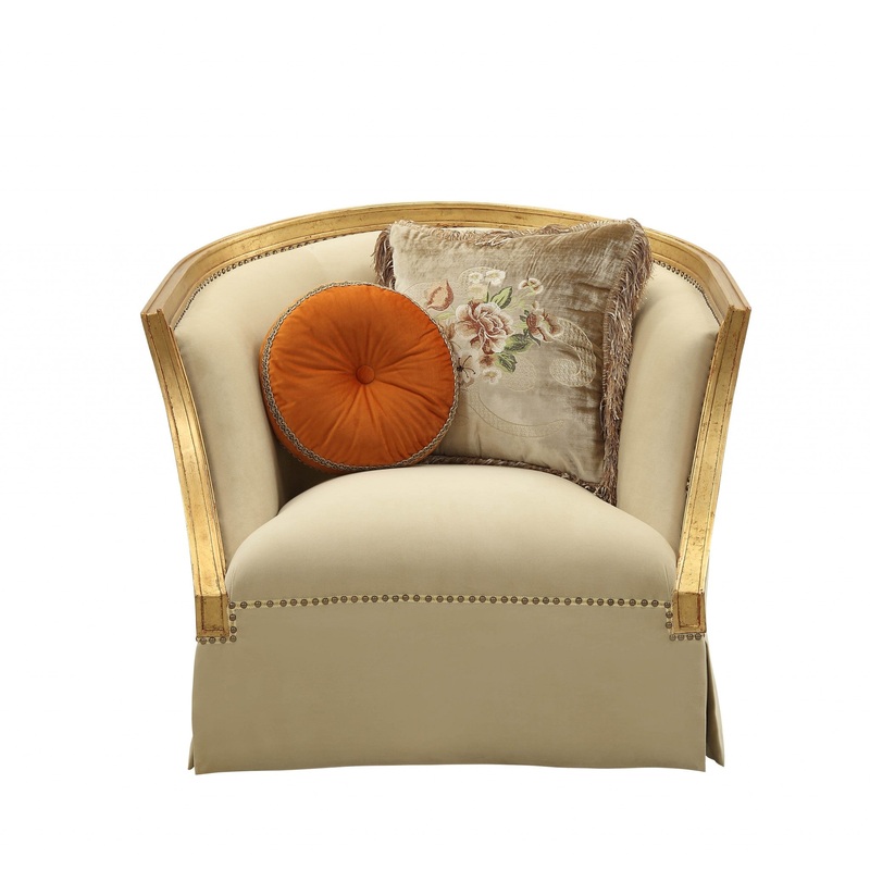 Fabric Antique Gold Upholstery Wood LegTrim Chair w Pillows By Homeroots