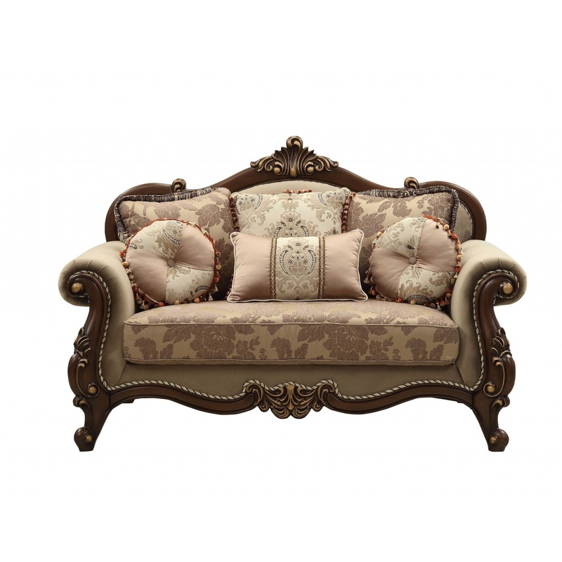 Fabric Walnut Upholstery Wood LegTrim Loveseat w Pillows By Homeroots - 347246