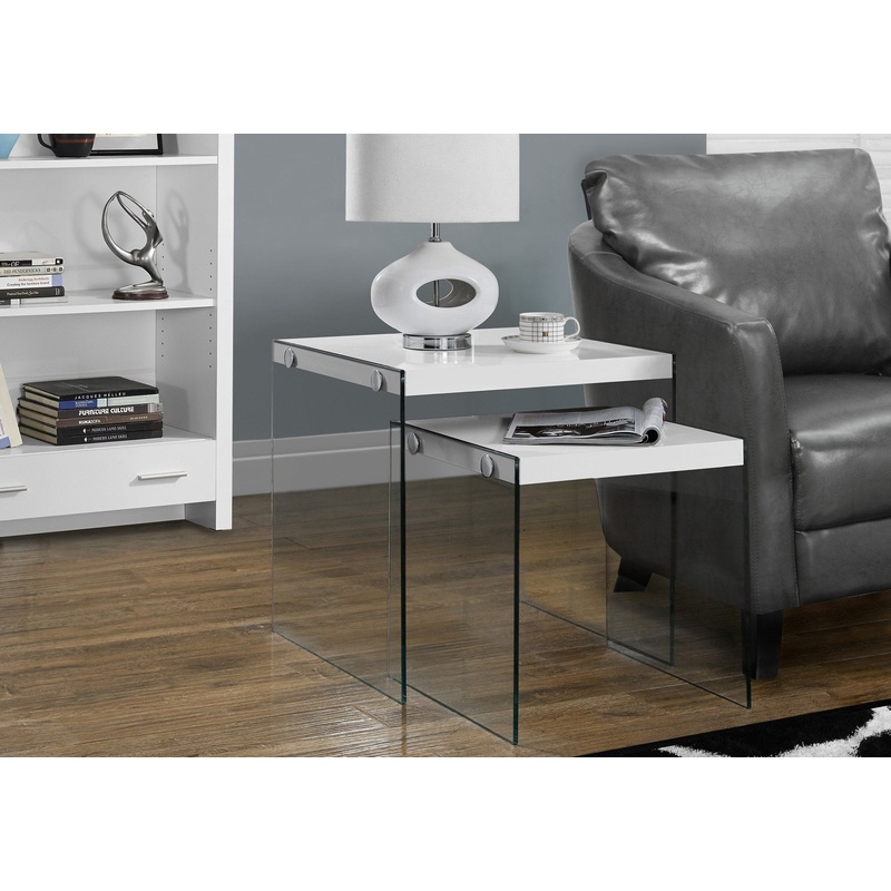 35.5" Glossy White Particle Board and Clear Glass Two Pieces Nesting Table Set By Homeroots