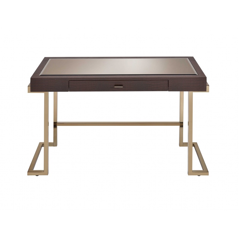 Brown Faux Leather and Light Gold Mirror Desk By Homeroots
