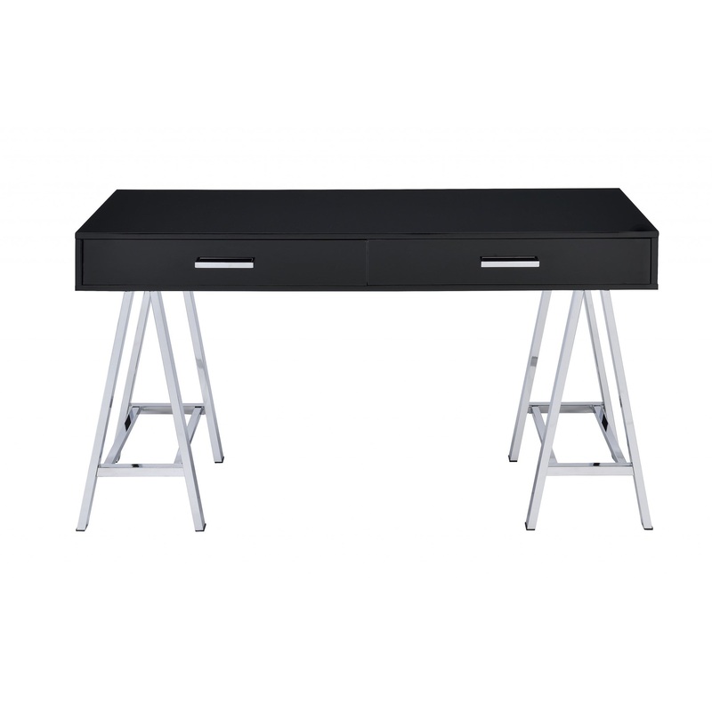 Desk In Black & Chrome - Glossy Polyester Particl Black & Chrome By Homeroots