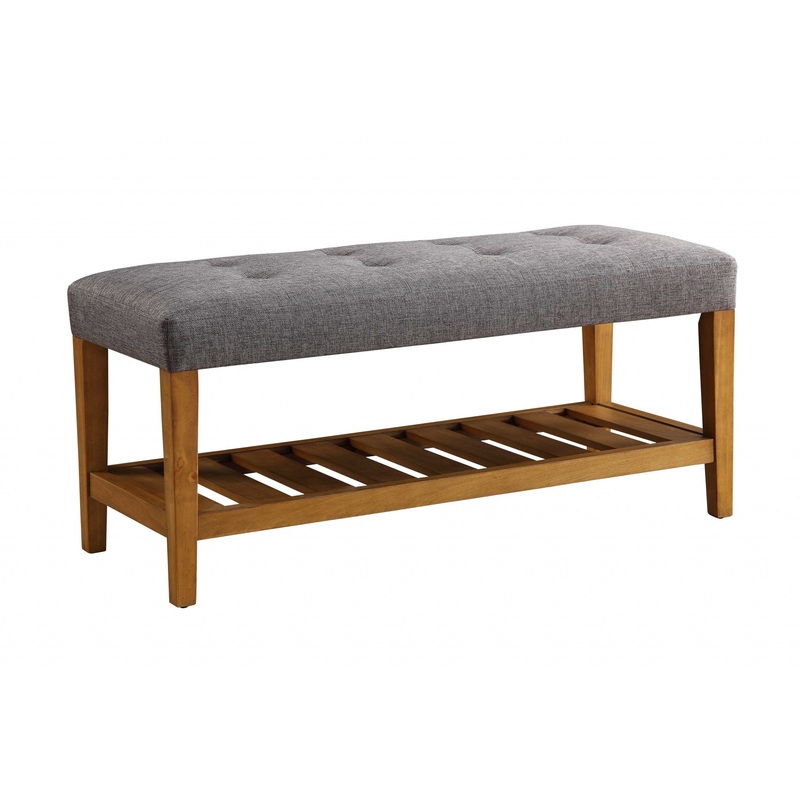 Rectangular Gray Padded Becnh with Oak Finish Legs and Shelf By Homeroots