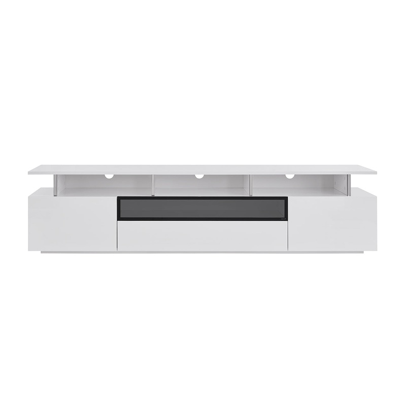 Tv Unit High Gloss White With Gray Glass Middle Drawer 2 Drawers And 2 Doors By Homeroots