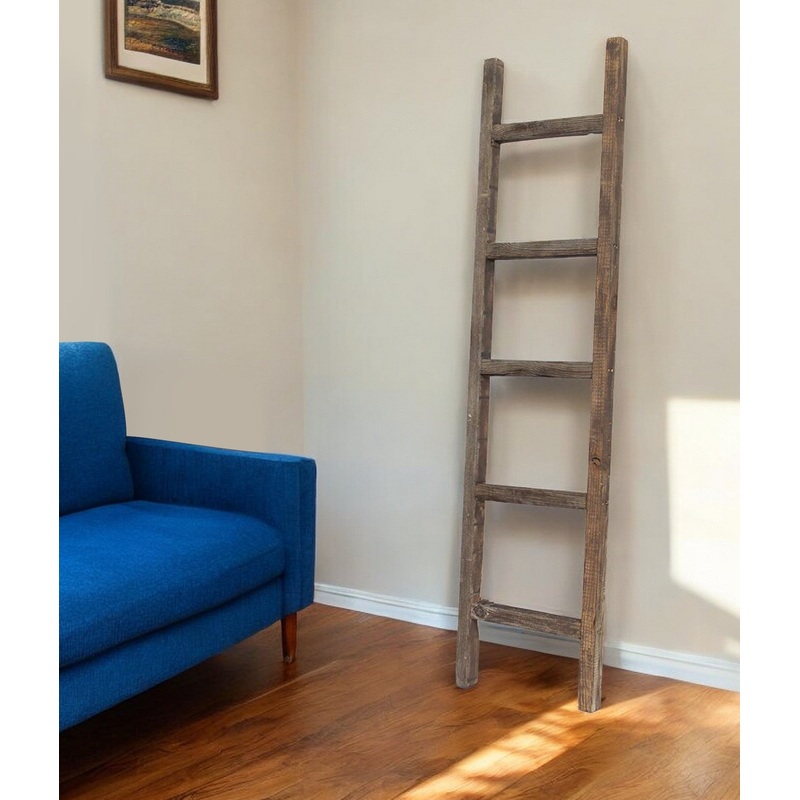 5 Step Rustic Espresso Gray Wood Ladder Shelf By Homeroots