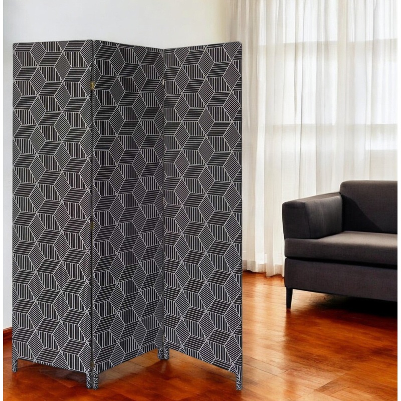 Black and White Fabric Folding Three Panel Screen Room Divider By Homeroots