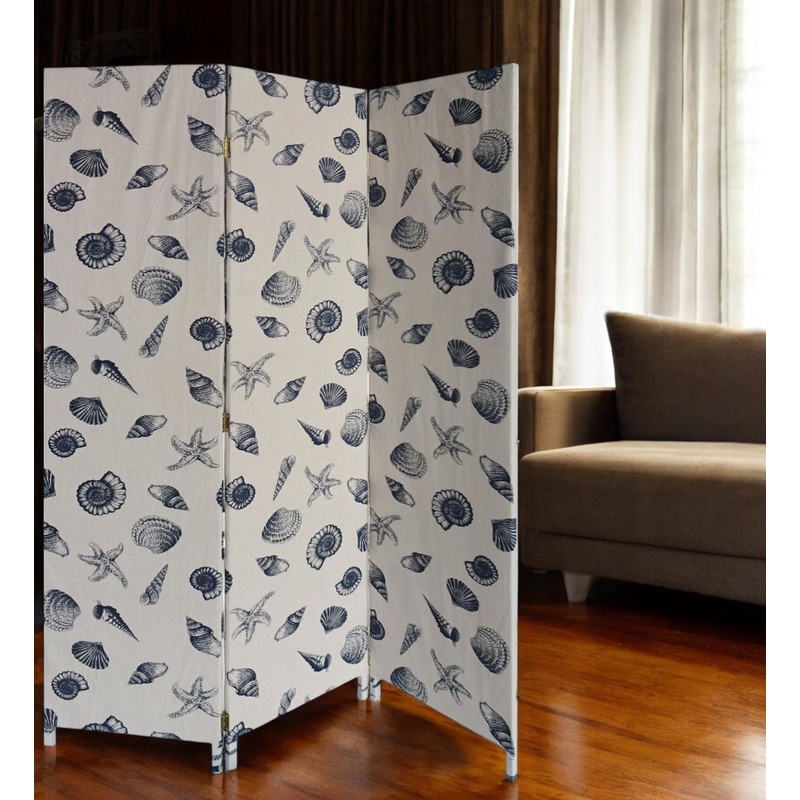 Blue and Beige Fabric Folding Three Panel Screen Room Divider By Homeroots