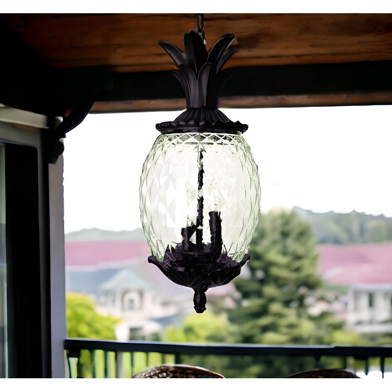 Clear and Black Three Light Pineapple Outdoor Hanging Pendent Light By Homeroots