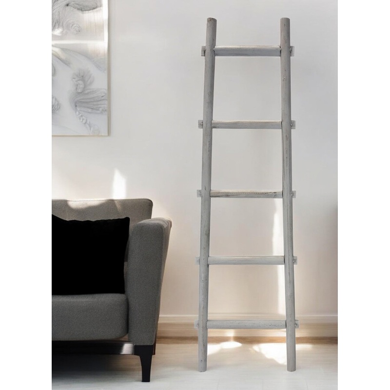 Gray Five Step Rustic Weathered Grey Wood Ladder Shelf By Homeroots