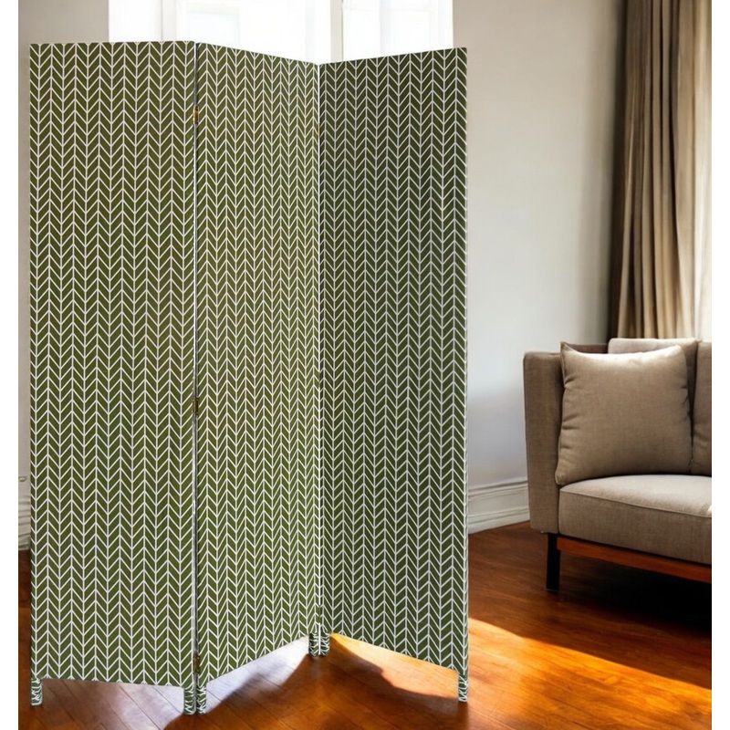 Green Fabric Folding Three Panel Screen Room Divider By Homeroots