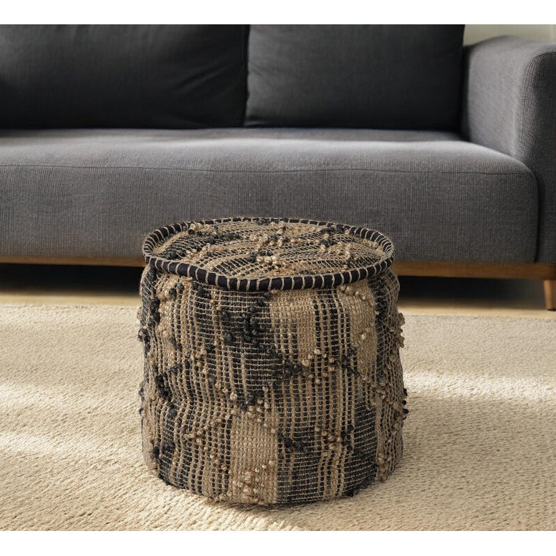 Natural And Black Geometric Cylindrical Jute Ottoman By Homeroots