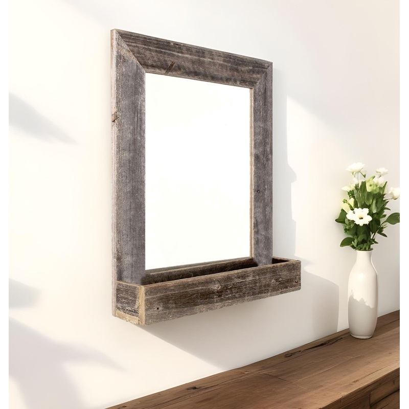 Rustic Weathered Gray Reclaimed Wood Plank Mirror With Shelf By Homeroots