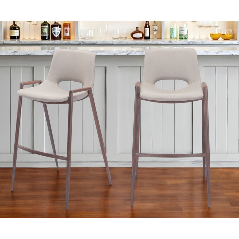 Set of Two Beige And Brown Steel Low Back Bar Height Bar Chairs By Homeroots