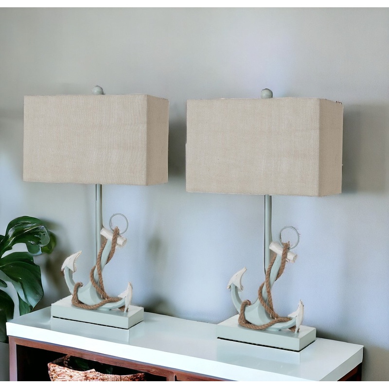 Set of Two Blue Coastal Anchor Table Lamps With Beige Shade By Homeroots