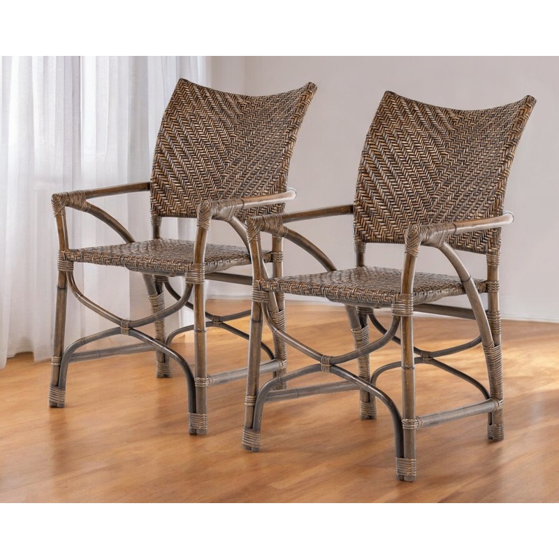 Set of Two Brown Rattan Open Back Dining Arm Chairs By Homeroots