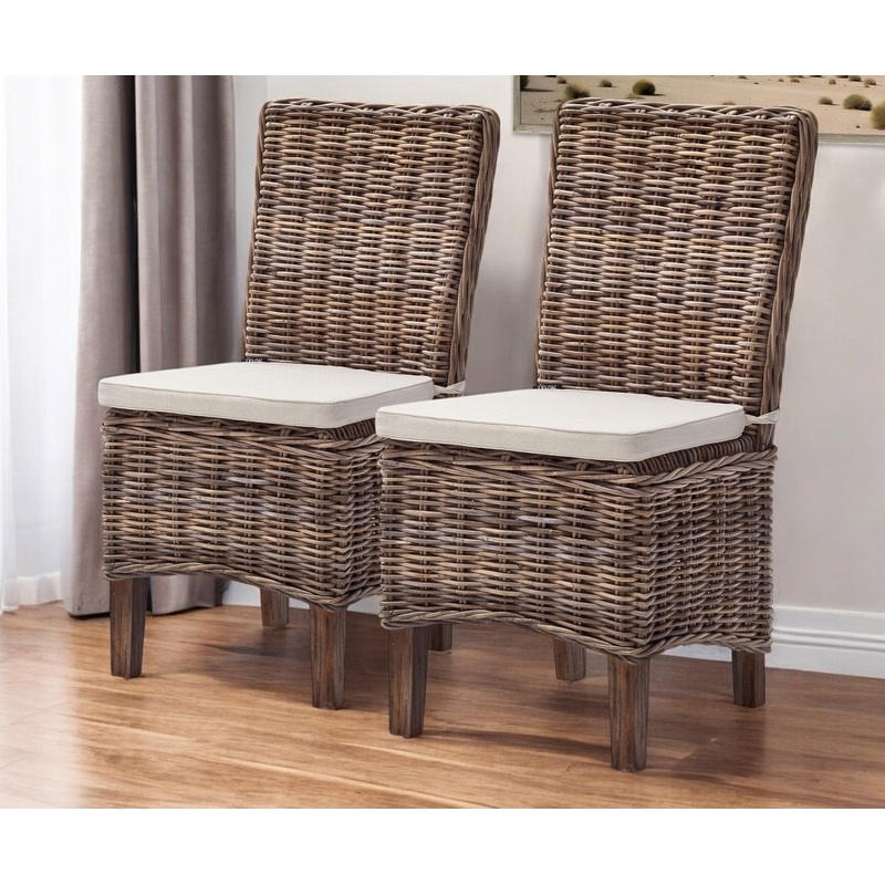 Set of Two Cream And Brown Rattan Dining Parsons Chairs By Homeroots