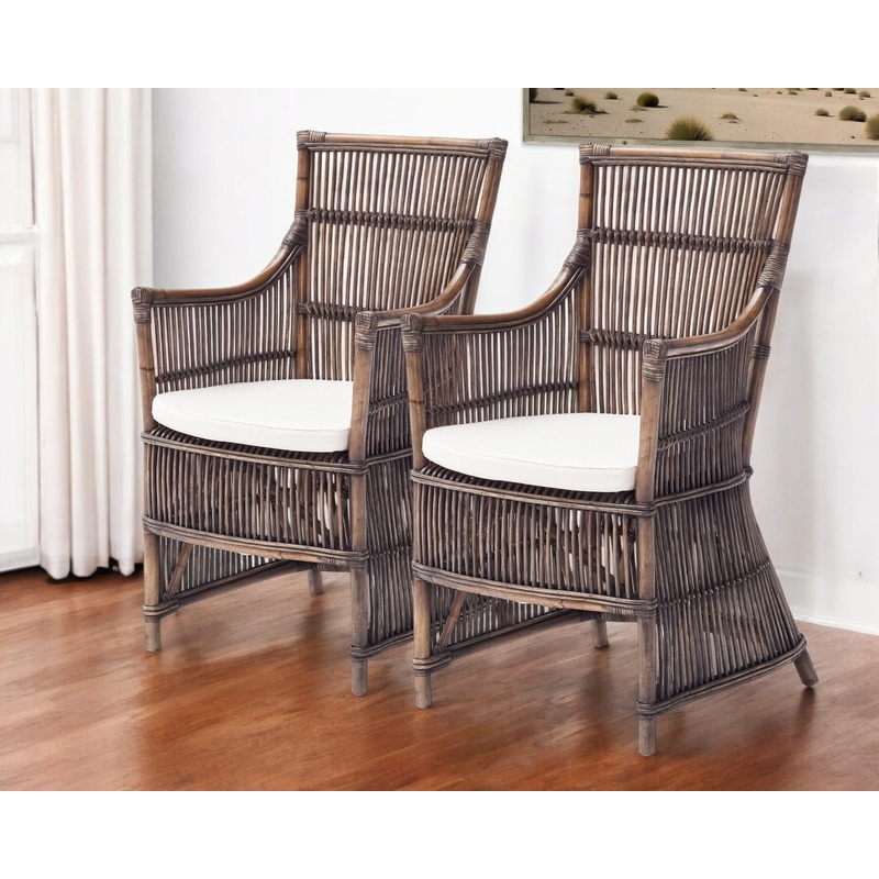 Set of Two Cream And Dark Brown Rattan Slat Back Dining Arm Chairs By Homeroots