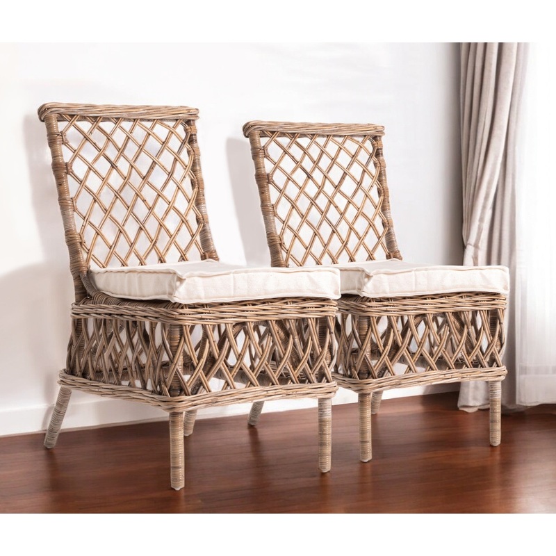 Set of Two Cream And Natural Rattan Cross Back Dining Parsons Chairs By Homeroots