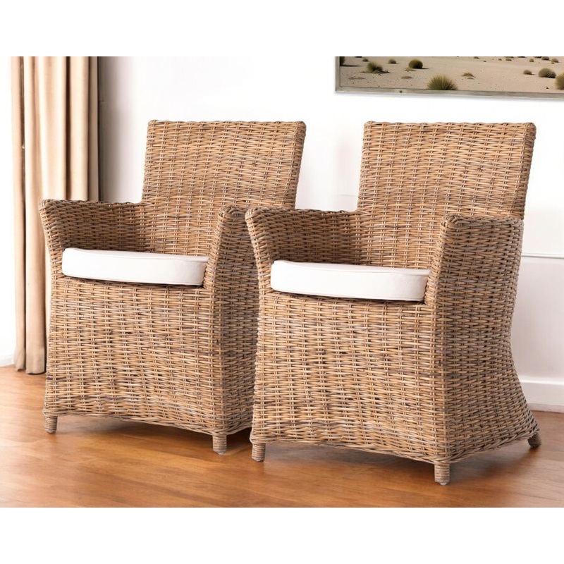 Set of Two Cream And Natural Rattan Dining Arm Chairs By Homeroots
