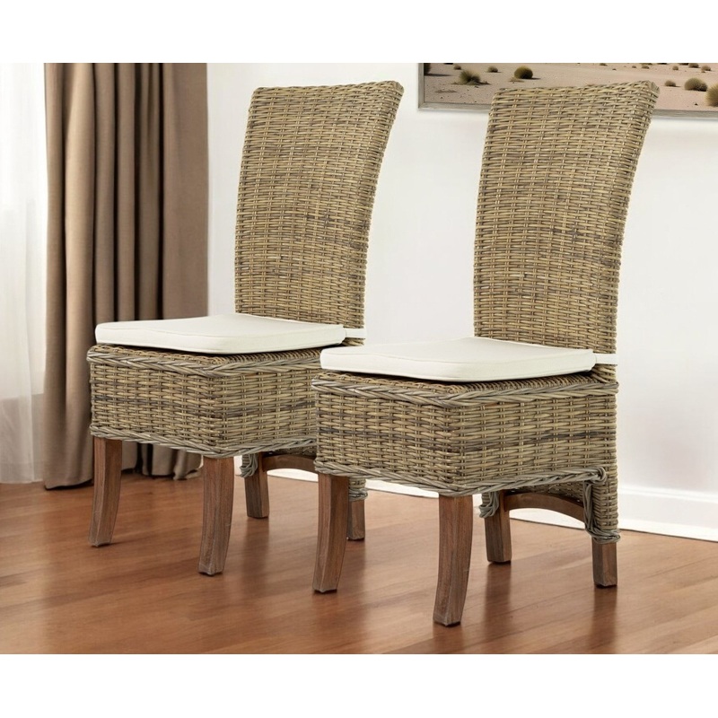 Set of Two Cream And Natural Rattan Dining Parsons Chairs By Homeroots