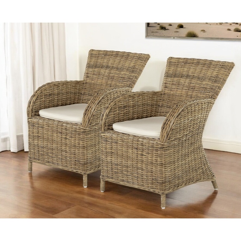 Set of Two Cream And Tan Rattan Dining Arm Chairs By Homeroots