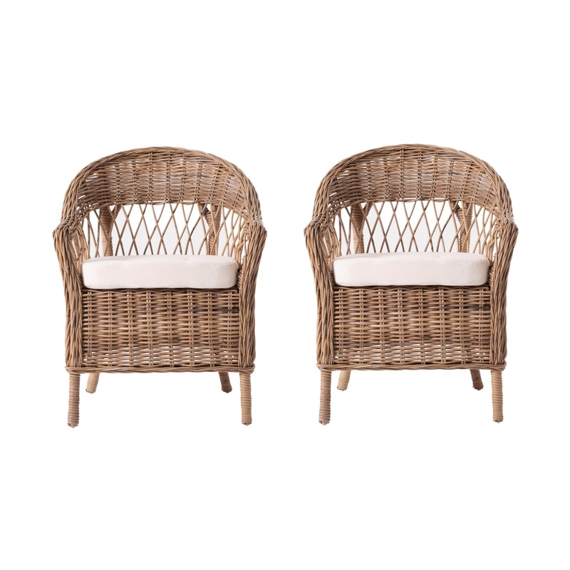 Set of Two Gray Brown Semi Circle Back Wicker Chairs with Seat Cushions By Homeroots