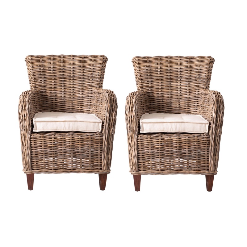Set Of Two Natural Brown Rattan Wingback Wicker Chairs with Seat Cushions By Homeroots