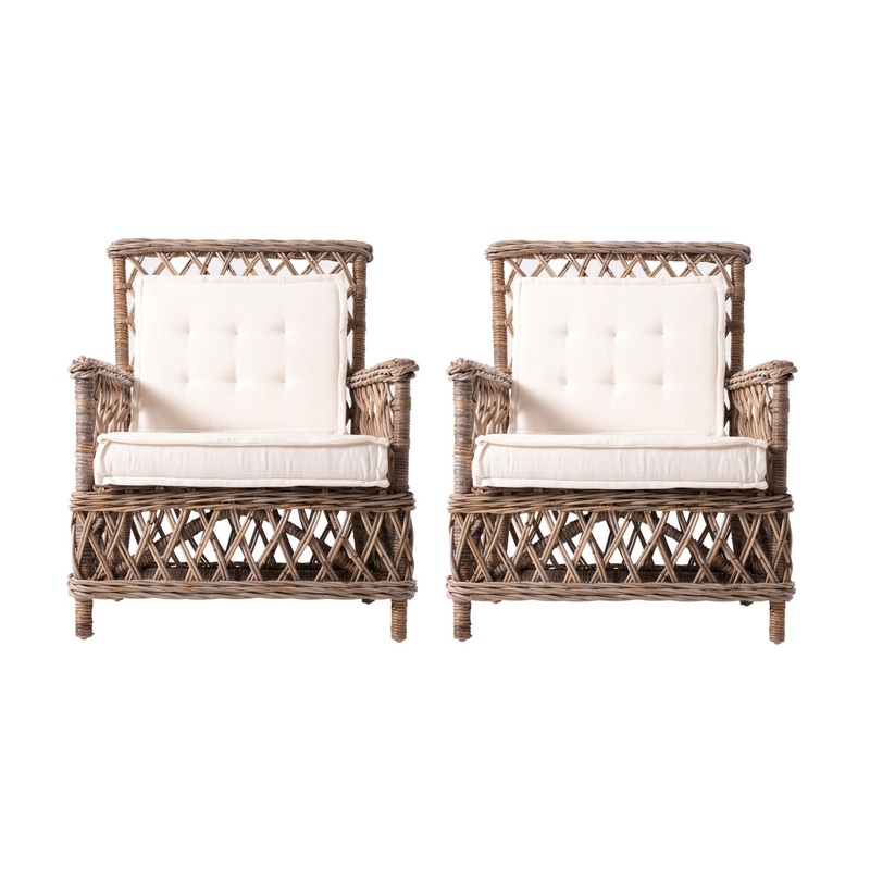Set of Two Natural Lattice Wicker Arm Chairs with Seat Cushions By Homeroots