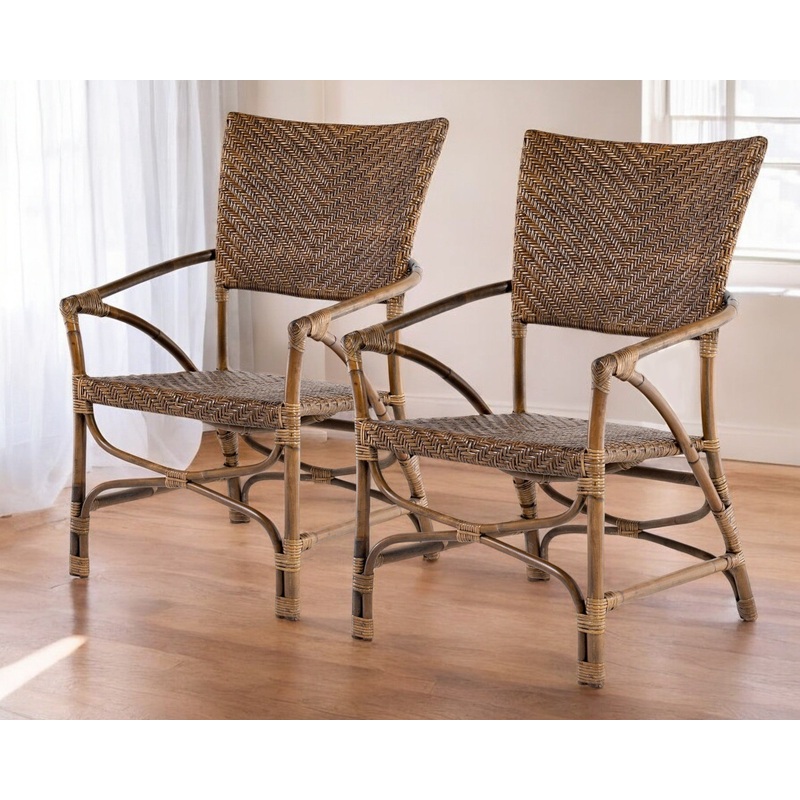 Set of Two Natural Rattan Open Back Dining Arm Chairs By Homeroots