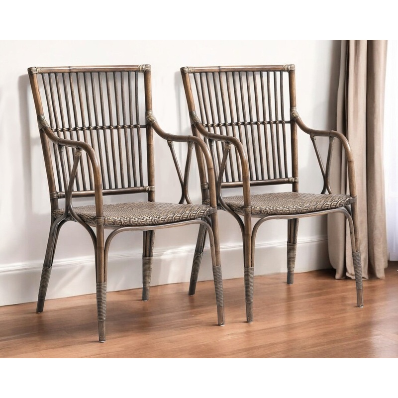 Set of Two Natural Rattan Slat Back Dining Arm Chairs By Homeroots