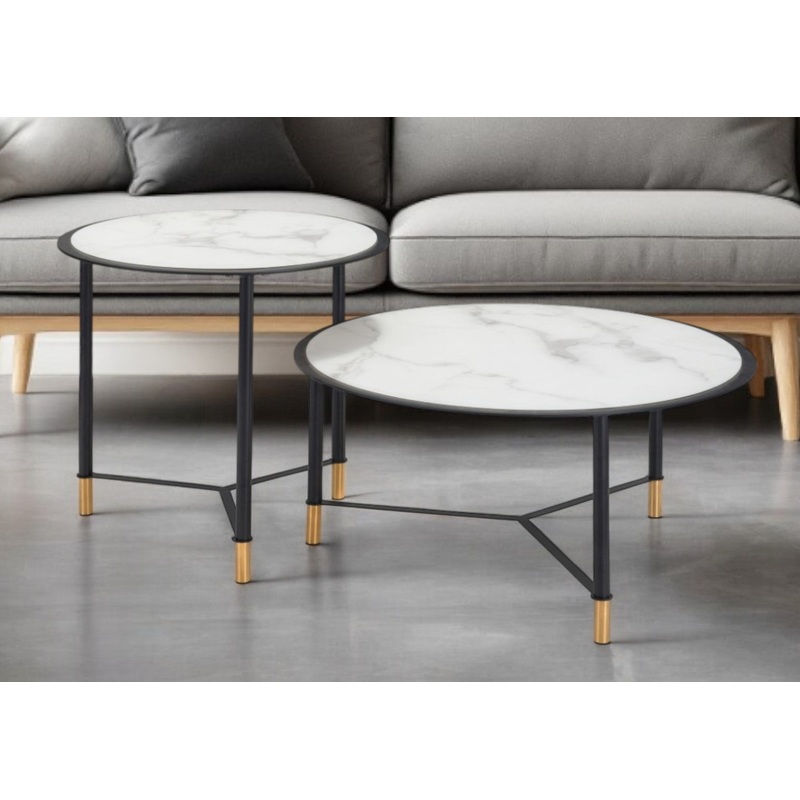 Set of Two White and Black Faux Marble And Glass And Steel Round Bunching Coffee Tables By Homeroots