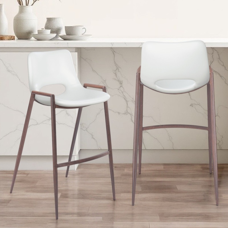 Set of Two White And Brown Steel Low Back Bar Height Bar Chairs By Homeroots